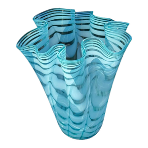Royal Gallery Turquoise Hand Blown Opalescent Art Glass Handkerchief Vase Poland