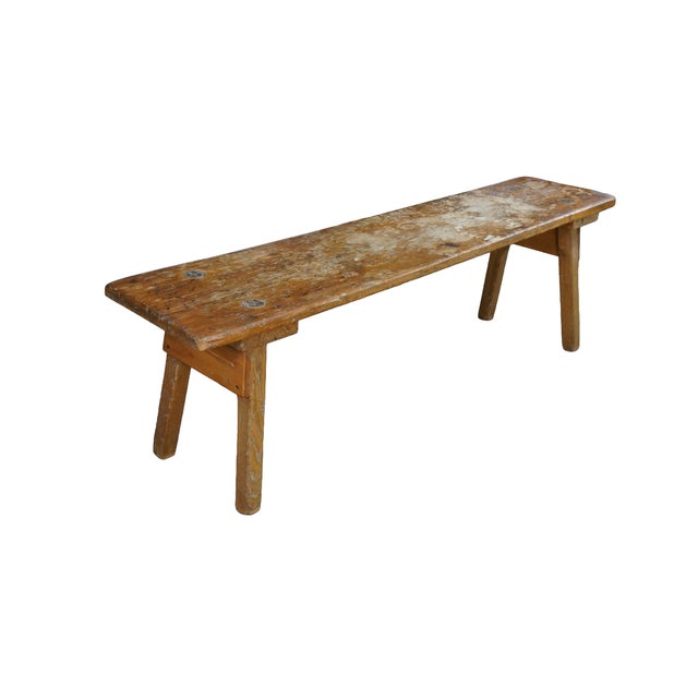 Farmhouse Vintage French Inspired Weathered Reclaimed Oak Farmhouse Peg Leg Bench Seat 68" For Sale - Image 3 of 15