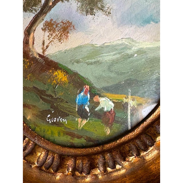 Sky Blue Vintage French Miniature Oil Painting, Signed Bucolic Landscape in Original Oval Gilt Frame For Sale - Image 8 of 10