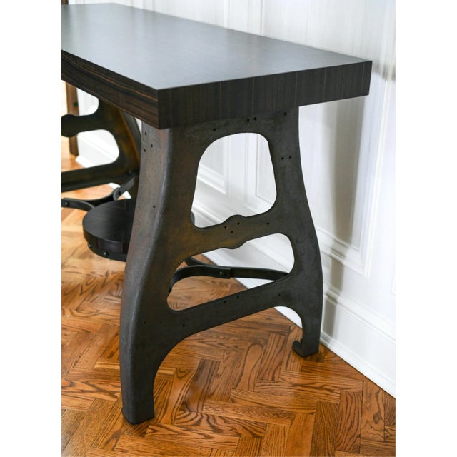 Wood Industrial Trestle Console Table With Macassar Ebony Top and Antique Lathe Base For Sale - Image 7 of 11