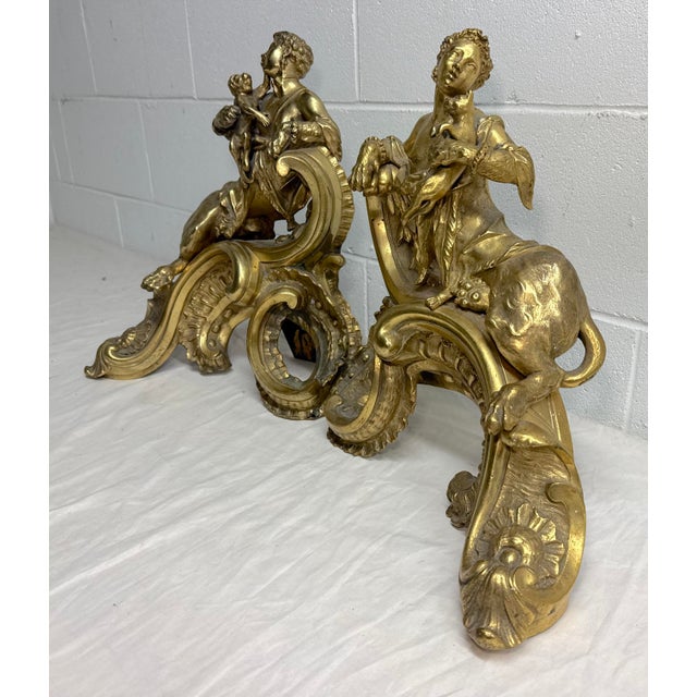 Metal Antique Heavy Pair of Louis XV Style Gilt Bronze Female Sphinx Chenets Andirons For Sale - Image 7 of 17