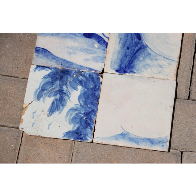 Antique Set of 6 Baroque Portuguese Tiles, 18th Century Blue & White Scenic and Botanical Details For Sale - Image 9 of 10