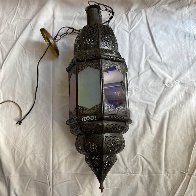 Moroccan Late 20th Century Moroccan Handcrafted Pendant Light With Multi Color Glass Panels For Sale - Image 3 of 13