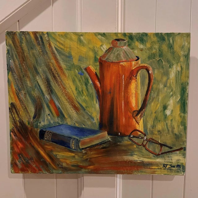 1966 Modern Still Life of Pitcher with Book and Glasses Painting by RJ Smith For Sale - Image 9 of 9