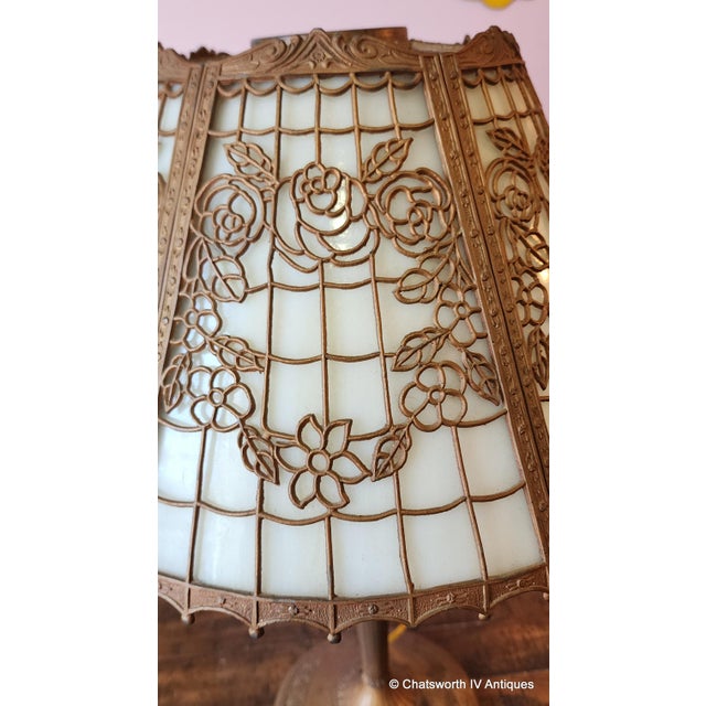Gold Signed Edward Miller Art Nouveau Style Slag Glass 6 Panel Table Lamp, C1920s For Sale - Image 8 of 14