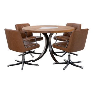 T69 Table and Swivel Chairs in Wood, Cognac Leather and Chrome by Osvaldo Borsani, Set of 5 For Sale