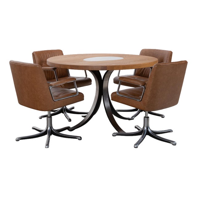 T69 Table and Swivel Chairs in Wood, Cognac Leather and Chrome by Osvaldo Borsani, Set of 5 For Sale
