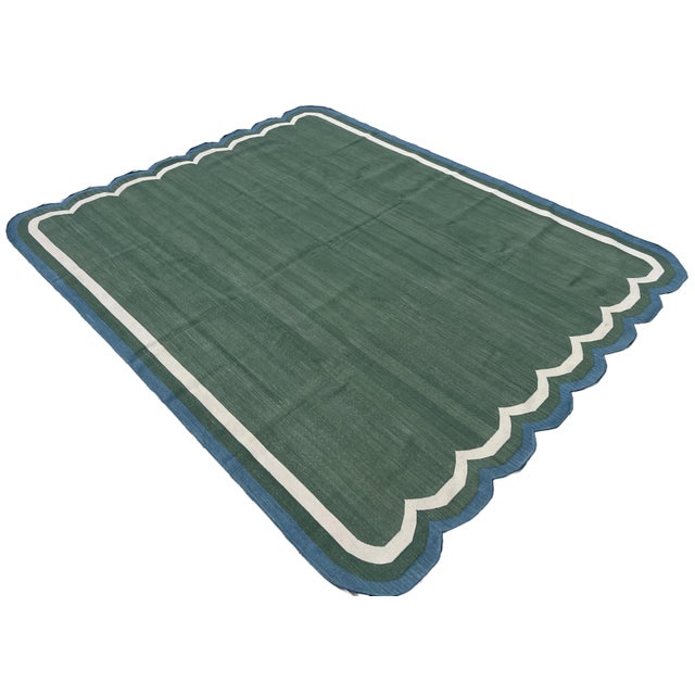 Handmade Cotton Flat Weave Area Rug, Forest Green and Teal Blue Scalloped Dhurrie - 4'x6' For Sale - Image 6 of 6