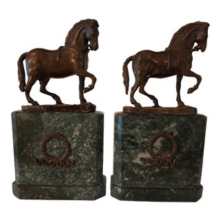 Magnificent Solid Marble and Bronze Horse Bookends- Set of 2 For Sale
