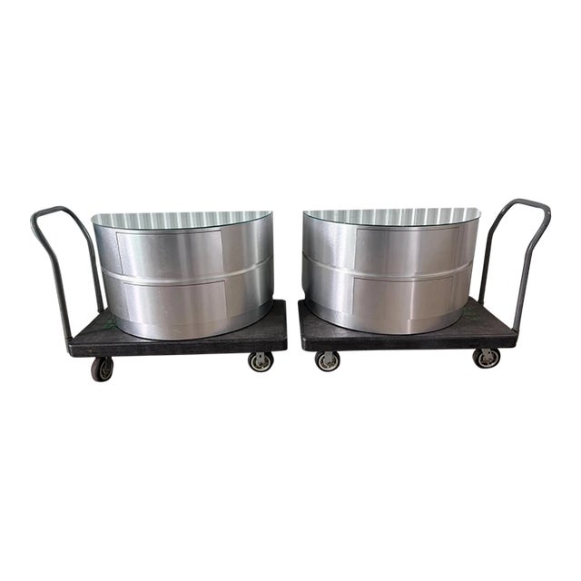 Pair Vintage Brushed Aluminum Demilune Oversized Nightstands, Attributed For Sale