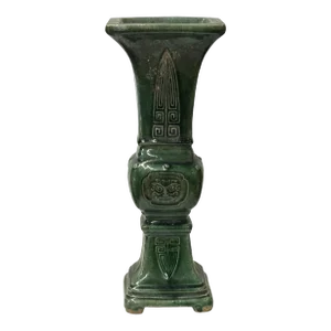 Vintage Chinese Green Ceramic Square Flask Shape Motif Vase Display