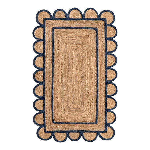 2'x3' Scallop Jute Navy Hand Made Rug For Sale