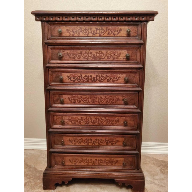 Italian Walnut Marquetry Inlaid Men's Semainier Tall Chest of Drawers For Sale - Image 11 of 11