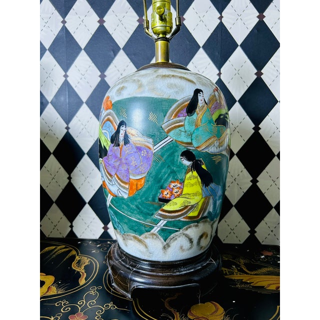 1950s Hand-Painted Japanese Porcelain Tabletop Lamps Pair Court Ladies, Large 32"h For Sale - Image 14 of 18
