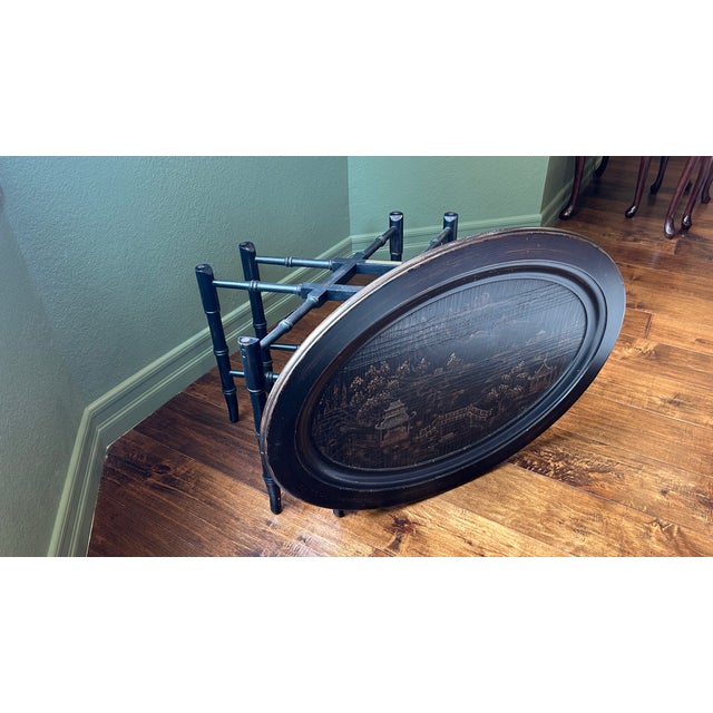 Ethan Allen Chinoiserie Faux Bamboo Tray Table, in colours black and gold.