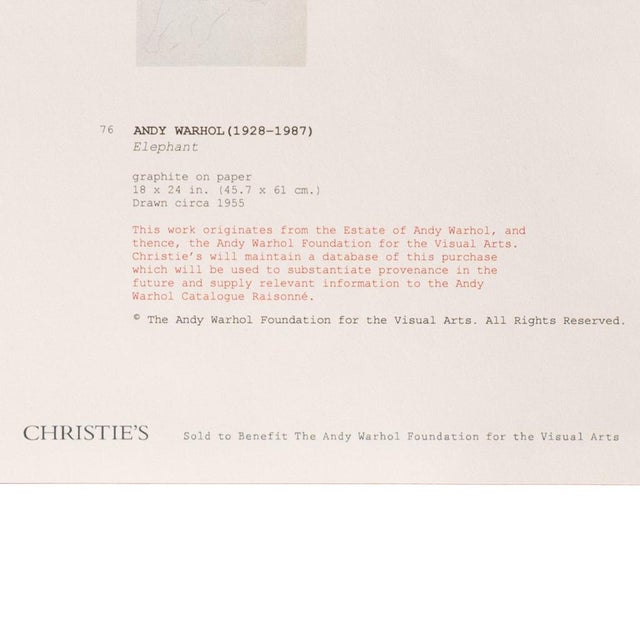 Drawing/Sketching Materials Rare Original Abstract Elephant Graphite Drawing Catalogue Raisonné Ex-Christies by Andy Warhol, 1955 For Sale - Image 7 of 8