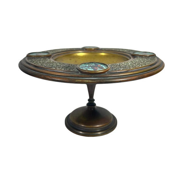 Antique Persian Reticulated Brass & Enamel Turquoise Cloisonné Tazza / Centre Piece / Sweet Stand With Blue Birds For Sale - Image 9 of 11