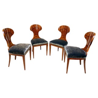 Biedermeier Ballon Chairs, Ash Veneer, Grey Velvet, Vienna, 1900, Set of 4 For Sale