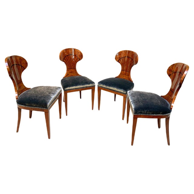 Biedermeier Ballon Chairs, Ash Veneer, Grey Velvet, Vienna, 1900, Set of 4 For Sale