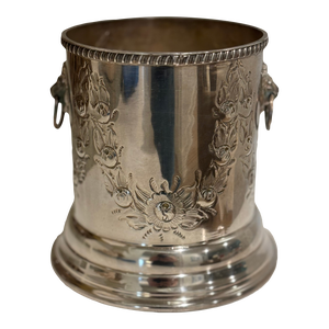 English Walker & Hall Silver Plate Hand Chased Wine Bottle Holder With Lion's Head Drop-Ring Handles
