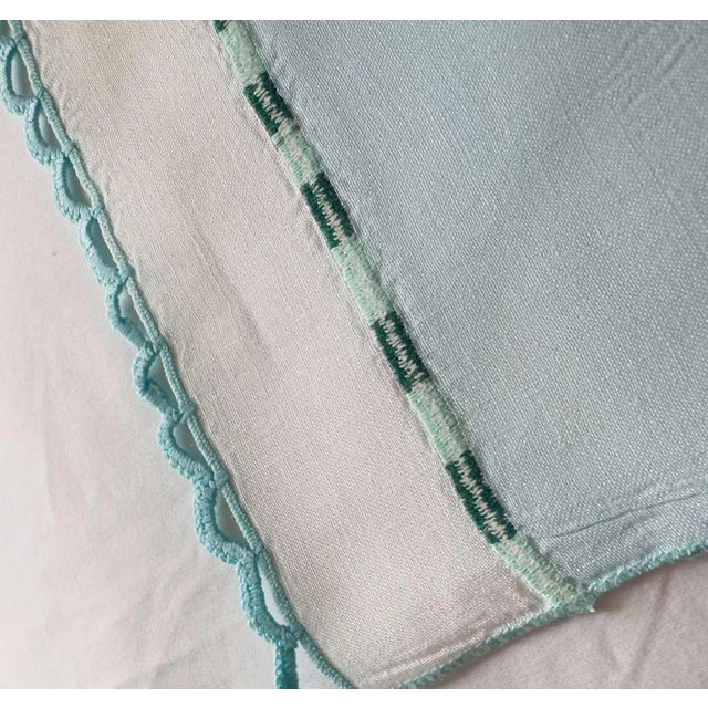 Asian Antique Vintage French Linen Guest Towel, Hand Crocheted Scalloped Edge Aqua Blue Linen, Drawn Thread Accent Band, Heirloom Linen Making 1930s 1940s For Sale - Image 3 of 9