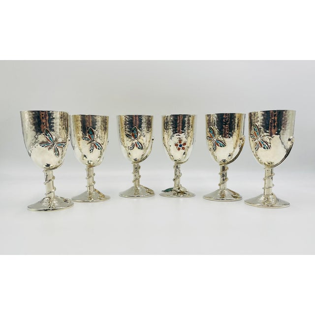 Emilia Castillo 1980s Set of 6 Emilia Castillo Silver-Plated Goblets With Stone Inlay For Sale - Image 4 of 18