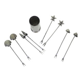 Vintage Silverplated Seashell Cocktail Picks Forks With Holder Set of 9 For Sale