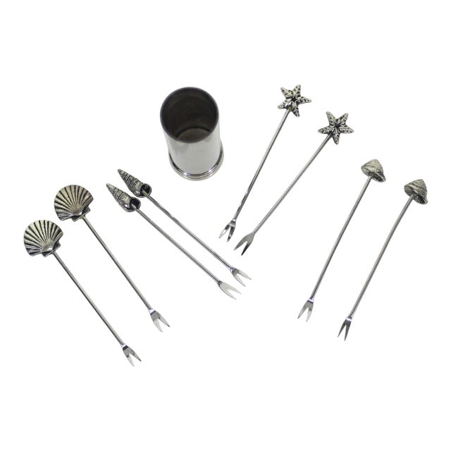 Vintage Silverplated Seashell Cocktail Picks Forks With Holder Set of 9 For Sale