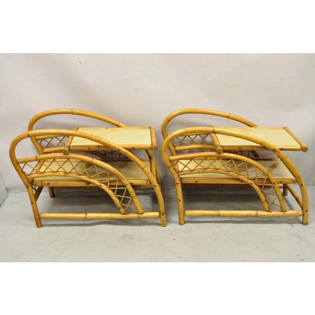 Vintage Mid Century Modern Tiki Rattan Bentwood Bamboo 2 Tier Sculptural End Tables - a Pair. Item features (2) tier...