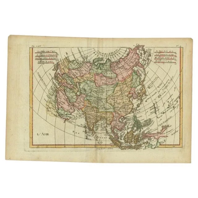 Antique map titled 'L'Asie.' Map of Asia. Offers considerable detail considering the size, showing the tradewinds in the...