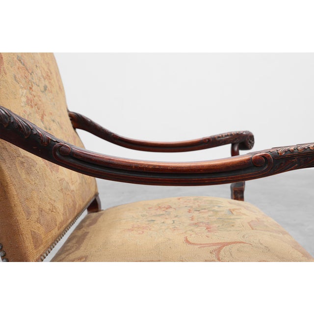 Carved Walnut Armchair with Scrolling and Tapestry Upholstery, France, 1800 For Sale - Image 10 of 16