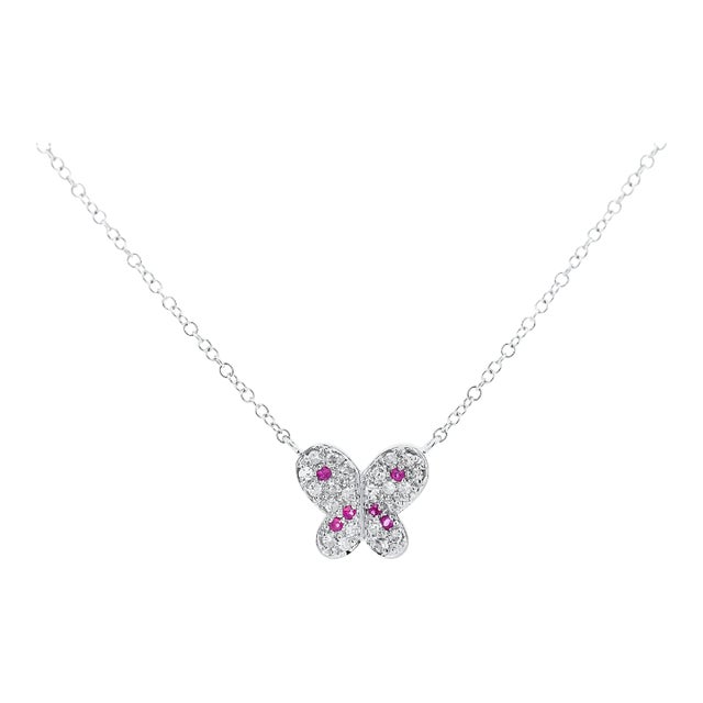 Pink Sapphire and Diamond Butterfly 14K White Gold Floating Pendant Necklace For Sale