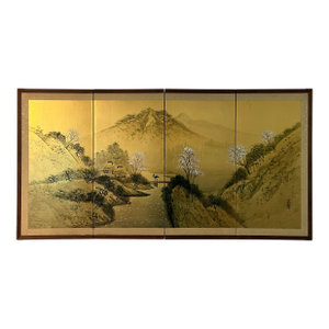 Early 20th Century Exceptional Antique Edo Period Japanese 4 Panel Byobu Painting on Silk of Spring Mountain and River Landscape