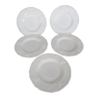 Mid 20th Century Indiana Colony White Milk Glass Small Plates 5pc Set Harvest Grape Pattern For Sale