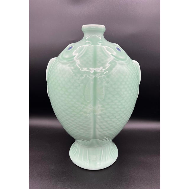 Chinese Late 20th Century 13.6" Qianlong Marked Chinese Celadon Glaze Porcelain Double Fish Vase Bottle For Sale - Image 3 of 8