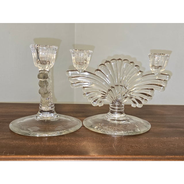 Mid 20th Century Vintage Pressed‑Glass Candlesticks With Etched Leaf Bases — Pair For Sale - Image 5 of 12