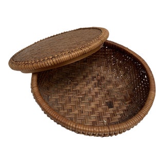 Vintage Asian Boho Wicker Covered Basket Bowl For Sale