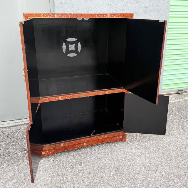 Chinese Vintage Chinese Red Hand Painted Armoire/Caninet For Sale - Image 3 of 11