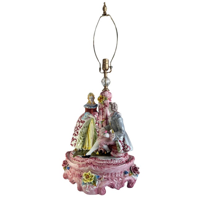 Ceramic Large Mid-Century D. Poloniato Capodimonte Porcelain Table Lamp Courting Couple Harp For Sale - Image 7 of 18