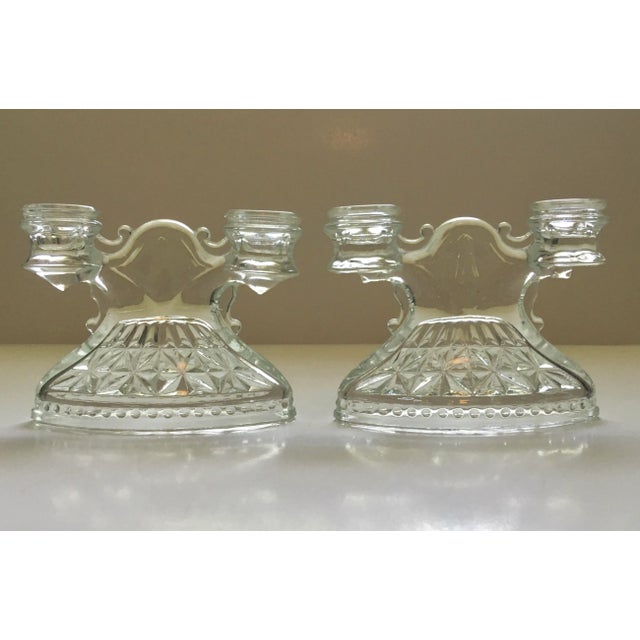 1930s Art Deco Pressed Glass Double Candlestick Holders- A Pair For Sale - Image 4 of 11