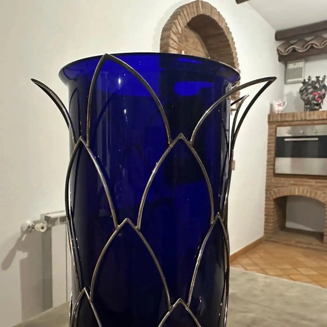 1980s Modernist Sterling Silver and Blue Murano Glass Vase by Cleto Munari For Sale - Image 10 of 10