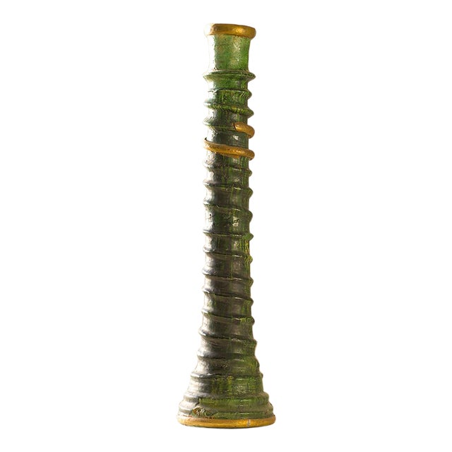 Handmade Tamegroute Green Glazed Ceramic Candlestick With Brass Details For Sale