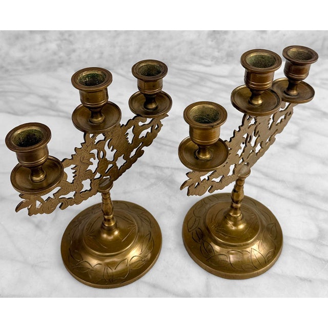 1970s Vintage Chinese Chinoiserie Brass Dragon Candlestick Candelabra - A Pair For Sale - Image 5 of 9