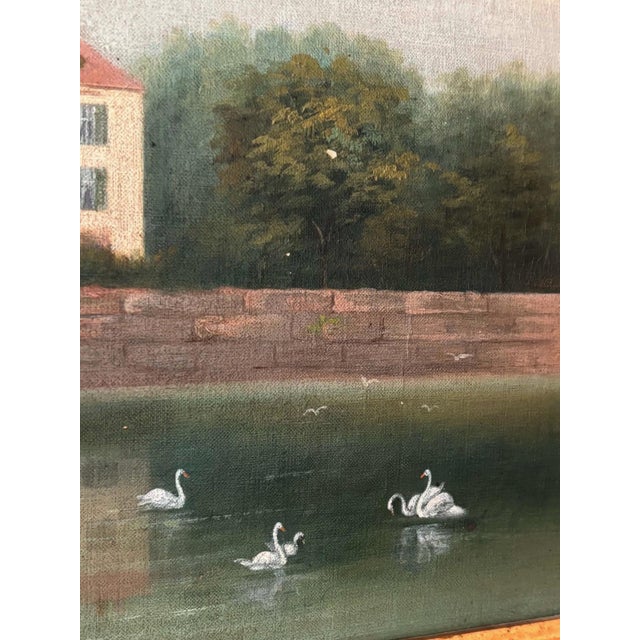 European School, Lakeside Villa with Swans, 1890s, Oil on Canvas, Framed For Sale - Image 6 of 12