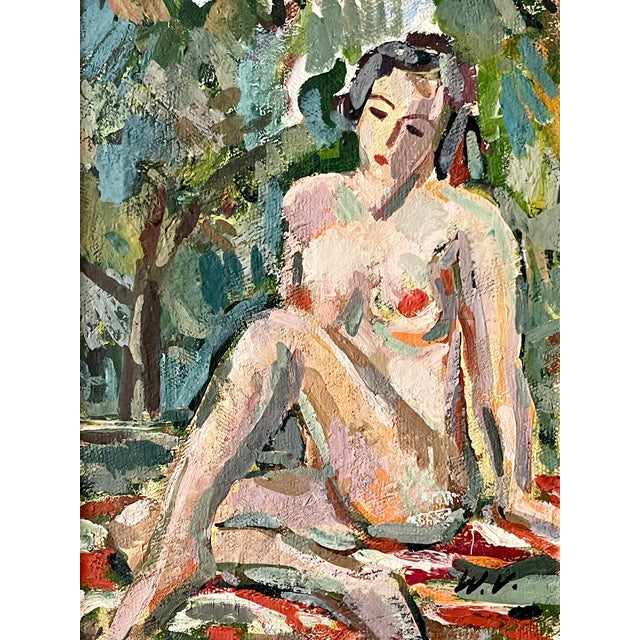 A petite French Nude en Plein Aire. This post-impressionistic oil on canvas is expertly composed of a loose patchwork of...