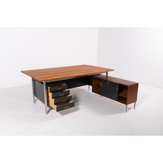 Large executive desk with sideboard from the DHS series by German designer Herbert Hirche for Holzäpfel, 1957. Frame made...