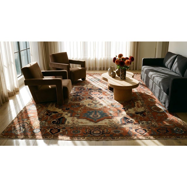 Red 1880s Red Ivory Rustic Medallion Antique Persian Heriz Serapi Rug 11'8" X 14' Handknotted Wool Carpet For Sale - Image 8 of 9