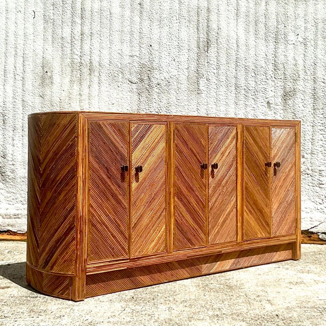 Vintage Coastal Chevron Pencil Reed Credenza | Chairish