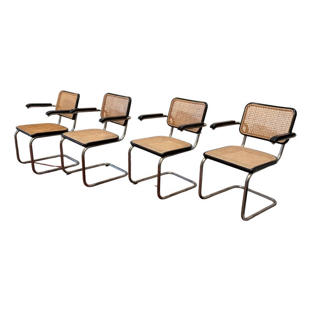 Model S64 Dining Chair with Woven Cane and Black Wood Frame by Marcel Breuer for Thonet, 1999, Set of 4 For Sale