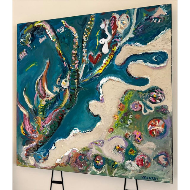 Sky Blue Aerial Seascape Abstract, Original Oil Painting, Rare Art For Sale - Image 8 of 12